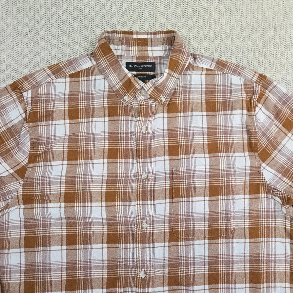 Banana Republic Shirt Mens Large Brown White Plaid Long Sleeve Untucked Fit